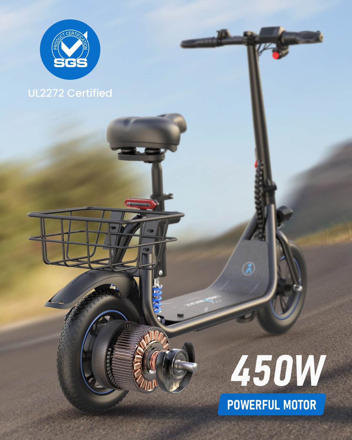 Gyroshoes Electric Scooter with Seat for Adults, 25 Miles Distance 450W Motor up to 18.6Mph Shock Absorbers Smart LCD Display Commuting Electric Scooter with Basket, C1Pro
