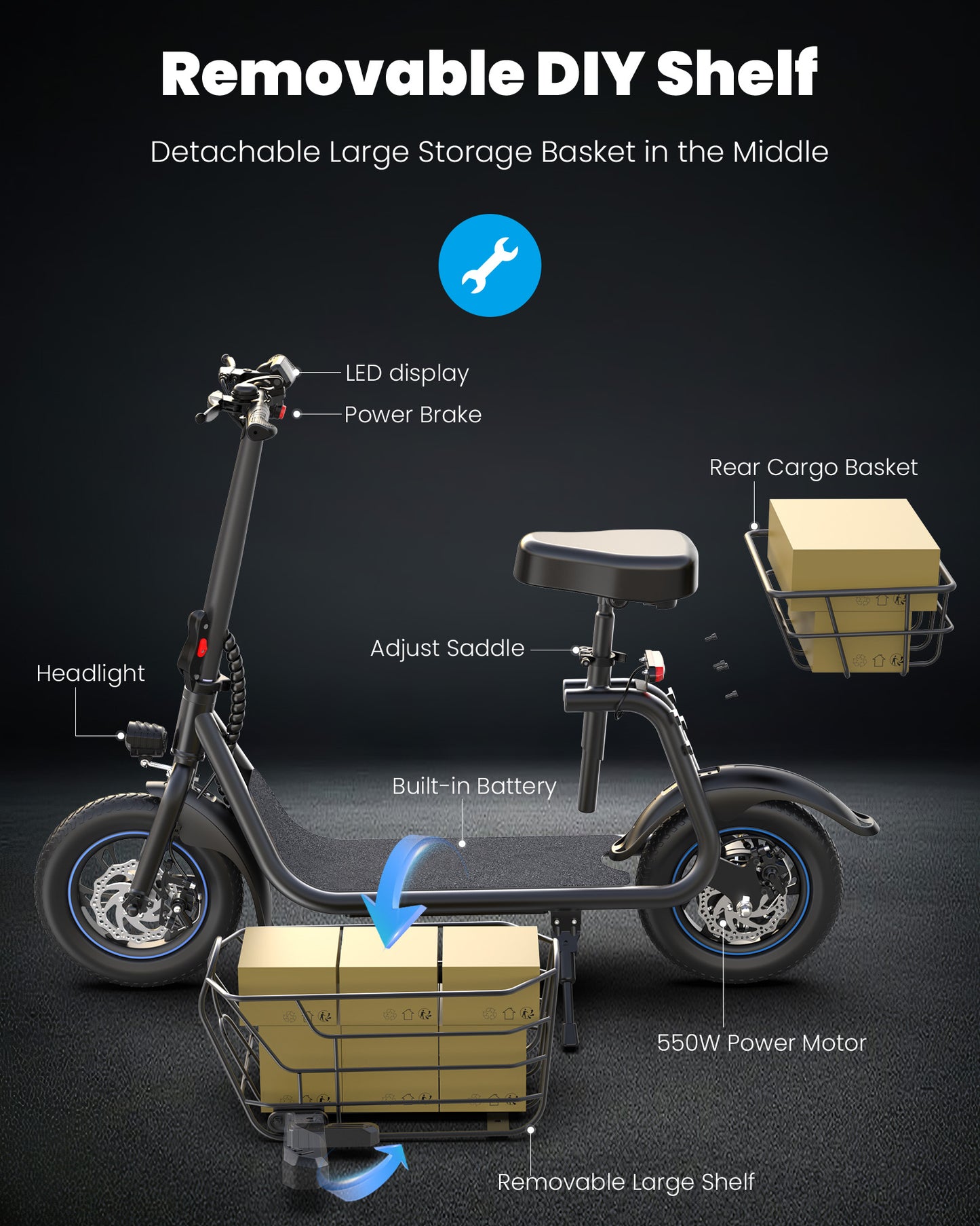 Gyroshoes Electric Scooter with Seat for Adults, 550W Powerful Motor 20-Mile Range, Speed up to 18.6MPH, Ample Storage for Pets & Cargo, C1S-43G